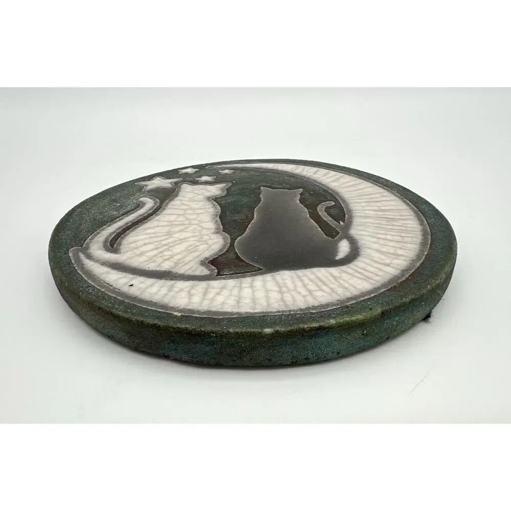 Jeremy Diller Raku Pottery Black & White Cats on the Moon Coaster 4.25” Signed